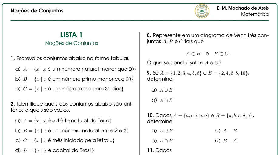 9º Ano - Conjuntos e Conjuntos Numéricos – Lista de Exercícios em PDF  — imagem 3