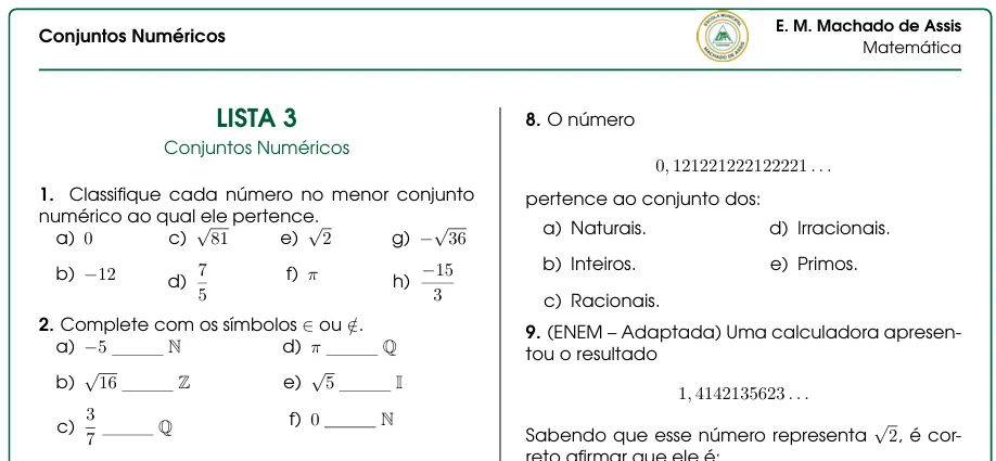 9º Ano - Conjuntos e Conjuntos Numéricos – Lista de Exercícios em PDF  — imagem 4