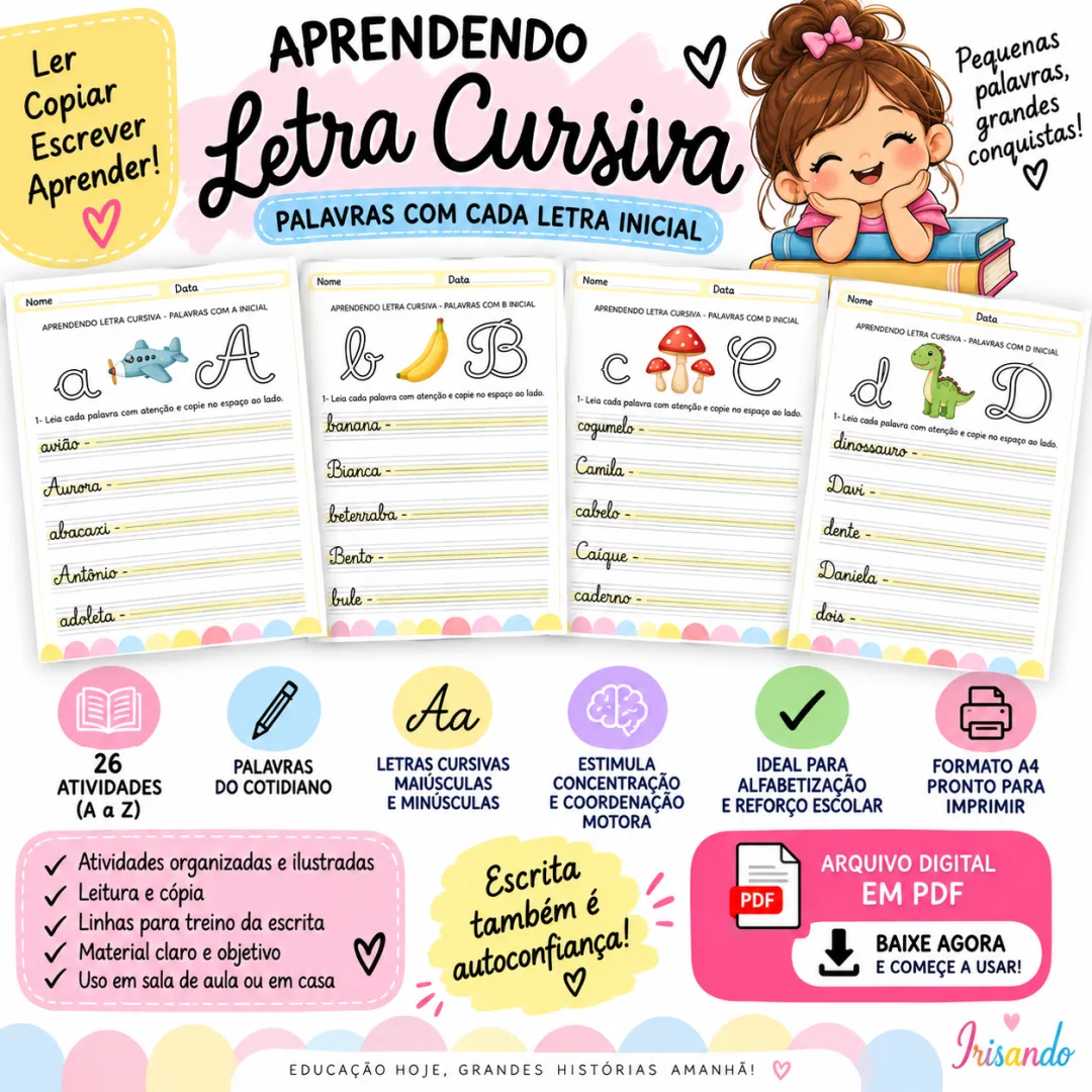Aprendendo Letra Cursiva — A a Z, Educação Infantil, PDF, 26 Atividades — imagem 3