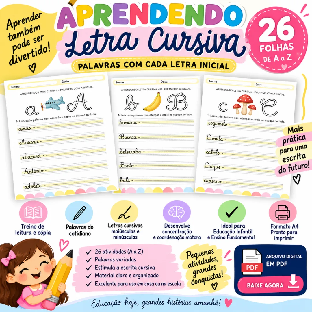 Aprendendo Letra Cursiva — A a Z, Educação Infantil, PDF, 26 Atividades — imagem 2