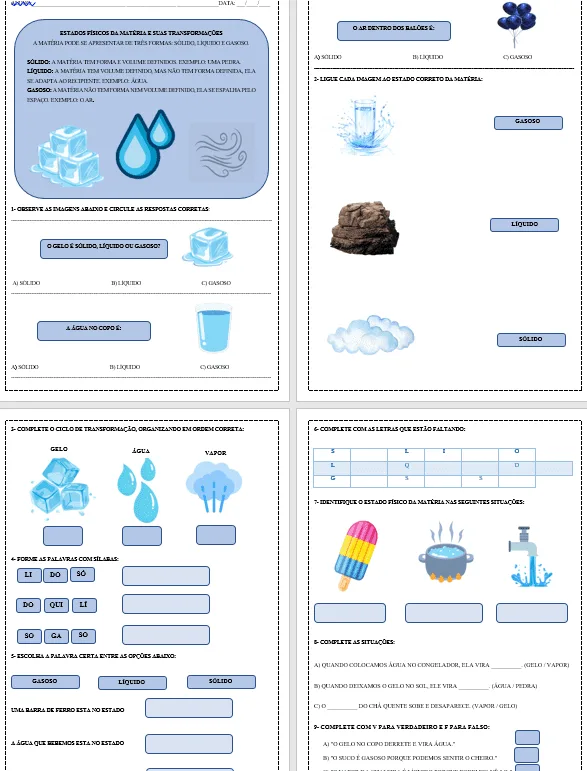 Atividades Adaptadas sobre Estados Físicos da Matéria: Sólido, Líquido e Gasoso (Educação Especial e AEE) 🧊💧☁️ — imagem 2