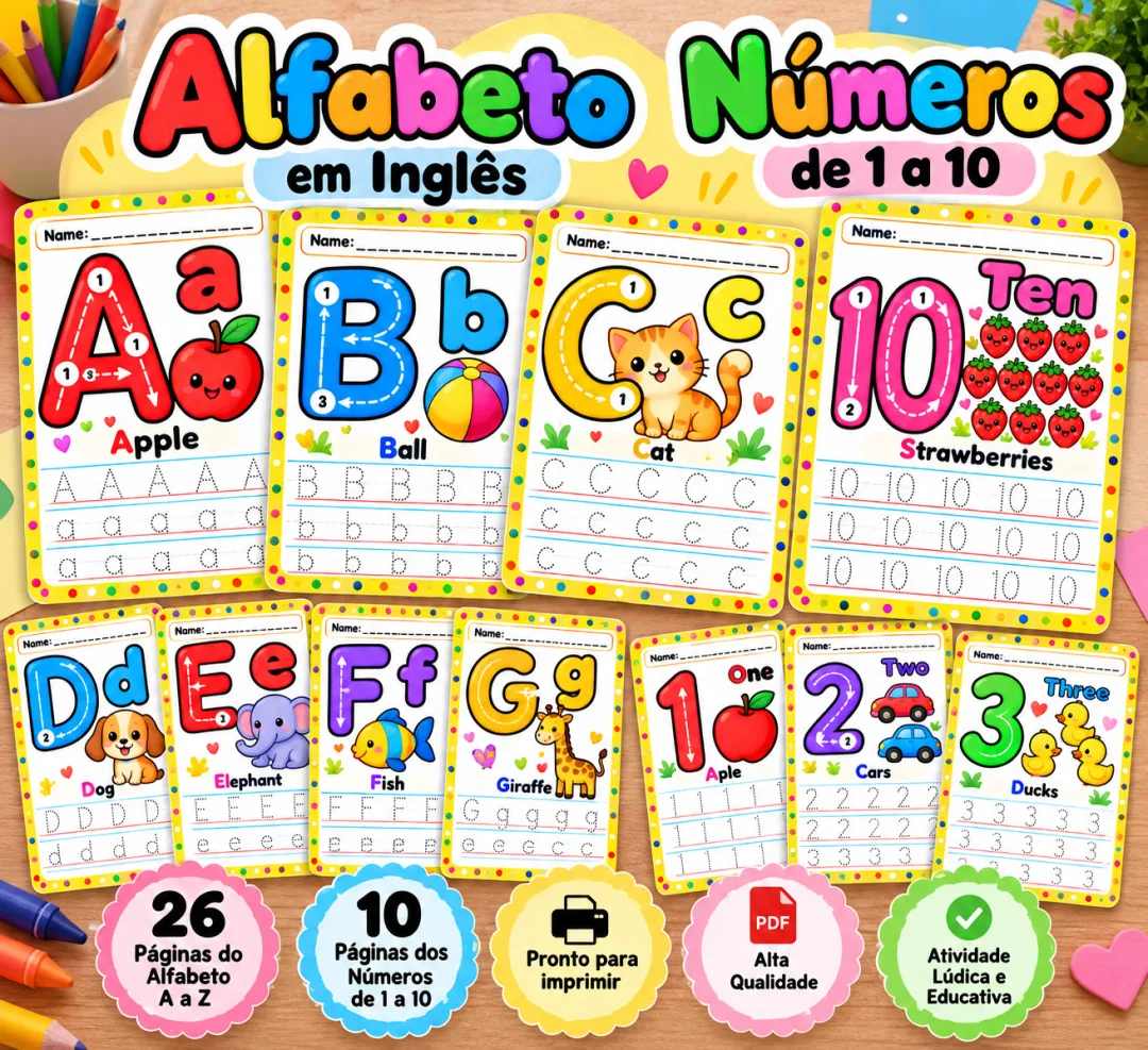 Atividades de Alfabetização em Inglês + Números de 1 a 10 em PDF — imagem 2