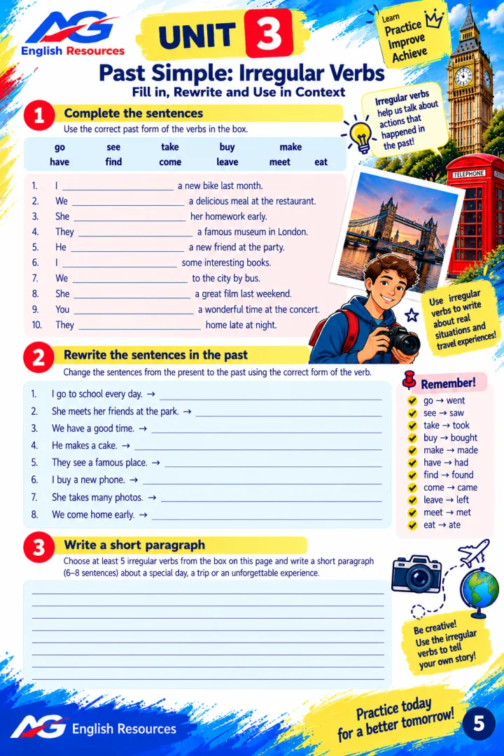 Atividades de Verbos Irregulares em Inglês 12 Unit - Ensino Fundamental - PDF - A1 - B2 Atividades Divestidas — imagem 5