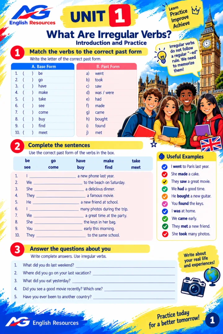 Atividades de Verbos Irregulares em Inglês 12 Unit - Ensino Fundamental - PDF - A1 - B2 Atividades Divestidas — imagem 3