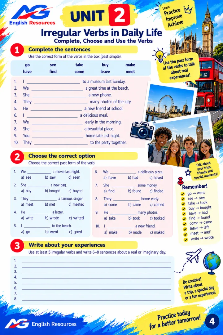 Atividades de Verbos Irregulares em Inglês 12 Unit - Ensino Fundamental - PDF - A1 - B2 Atividades Divestidas — imagem 4