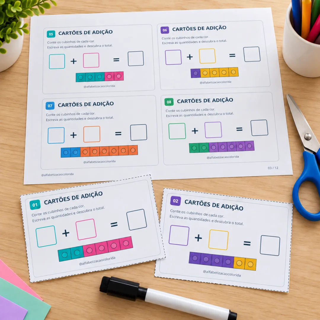 Cartões de Adição com Cubinhos Coloridos – 40 Atividades de Somas Até 10 em PDF — imagem 5