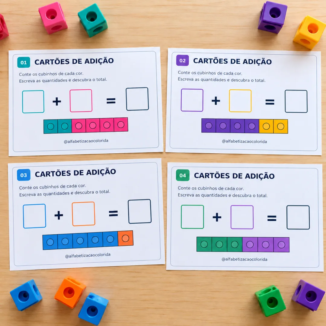 Cartões de Adição com Cubinhos Coloridos – 40 Atividades de Somas Até 10 em PDF — imagem 4