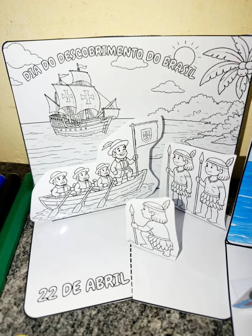 CENÁRIO INTERATIVO: DESCOBRIMENTO DO BRASIL (COLORIDO + PARA COLORIR) — imagem 2
