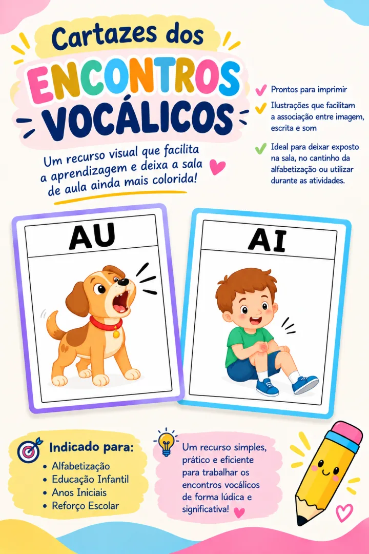 Cartazes dos encontros vocálicos ilustrados para os anos iniciais em PDF — imagem 2