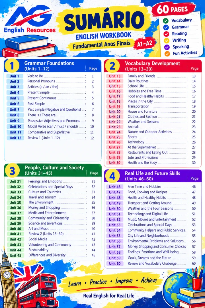 English Workbook 60 - 60 atividades de inglês nível A1 e A2 - ensino fundamental II - formato PDF — imagem 2