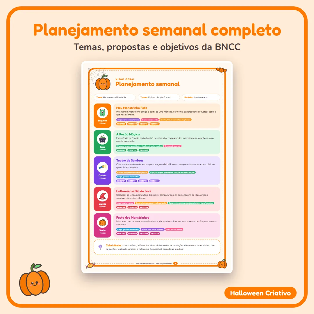 Halloween Criativo: Planejamento Semanal + 5 Atividades para Educação Infantil (4 e 5 anos) BNCC com Dia do Saci em PDF — imagem 2