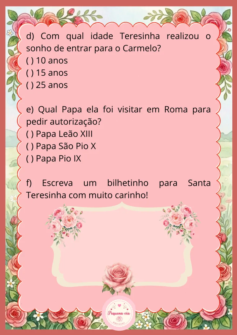 História e atividades de Santa Teresinha do Menino Jesus. Ensino religioso. 5 a 12 anos em PDF — imagem 4