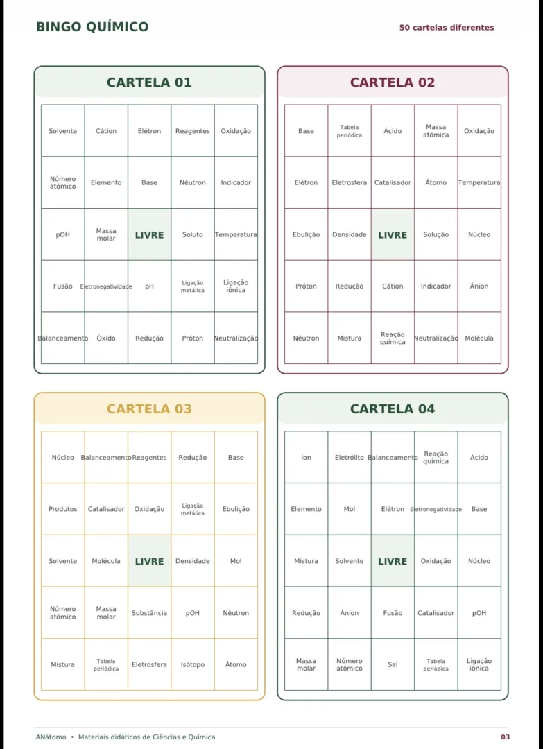 Jogo Bingo Químico para Ensino Médio em PDF — imagem 2