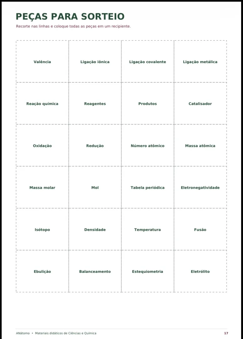 Jogo Bingo Químico para Ensino Médio em PDF — imagem 3