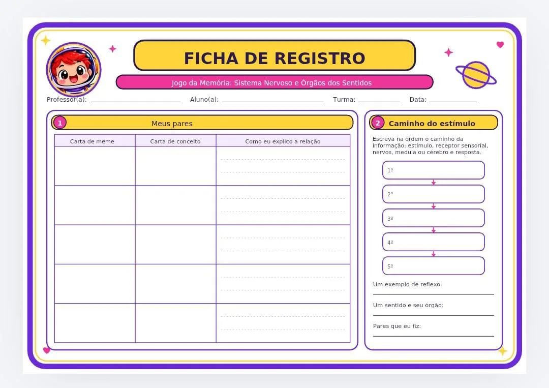 Jogo da Memória: Sistema Nervoso e Órgãos dos Sentidos 7°ano em pdf — imagem 3