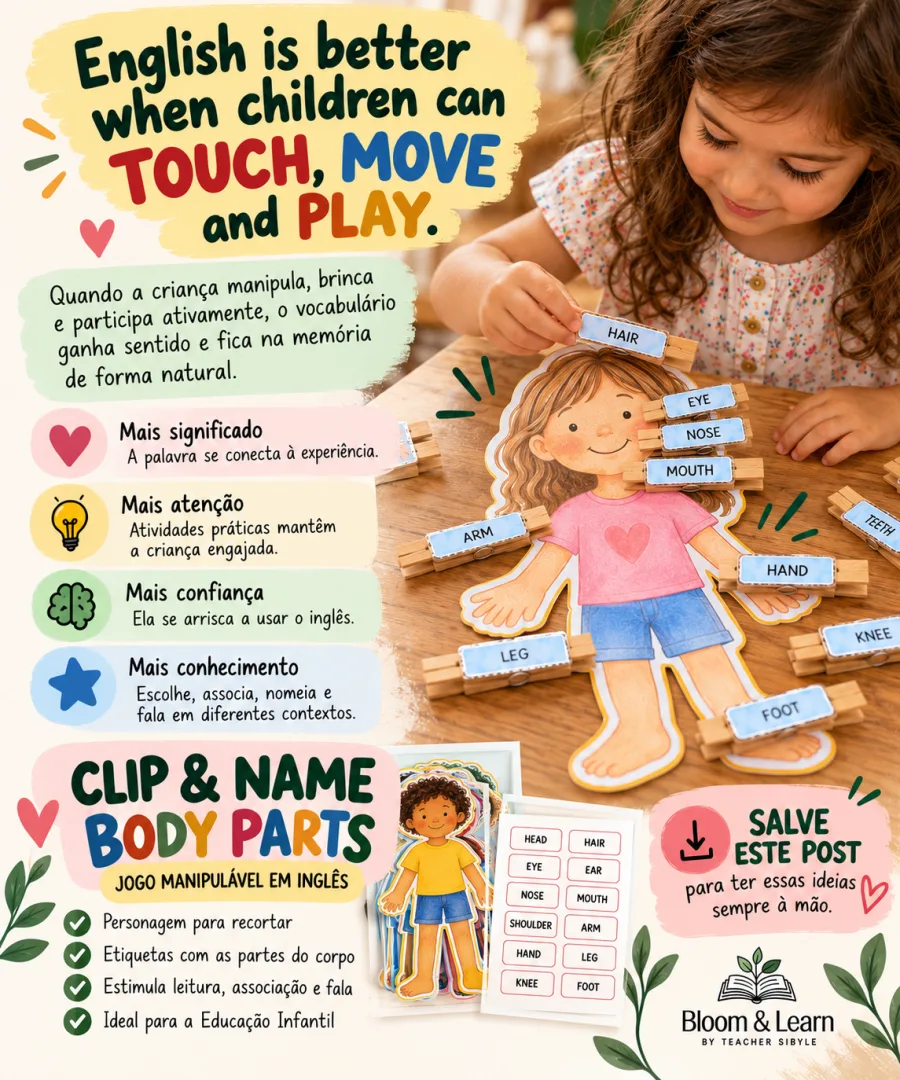 Jogo Nomear partes do corpo em português e inglês. Educação Infantil e Anos iniciais PDF — imagem 2