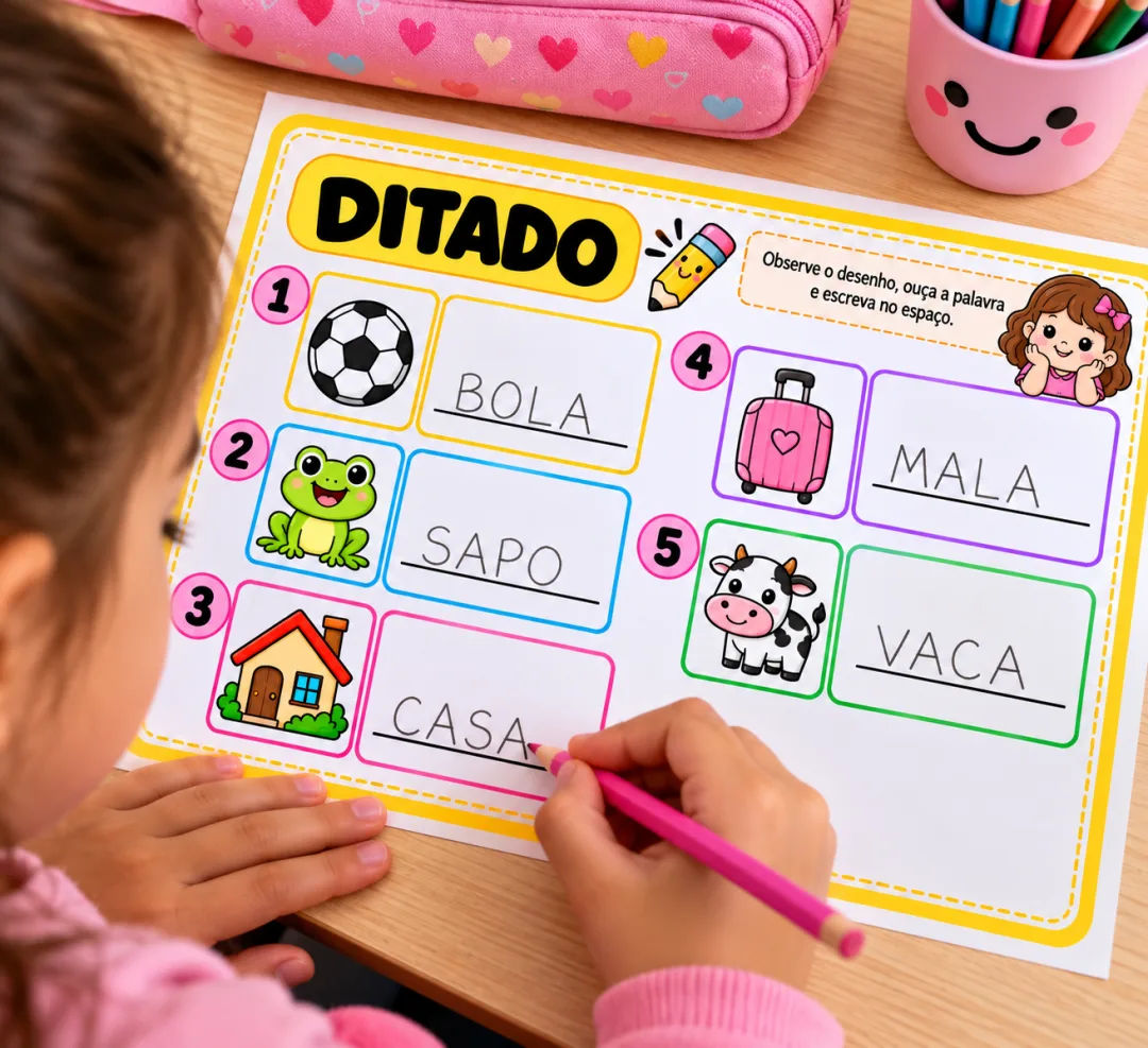 Junte as Sílabas + Ditado Visual Atividades de Alfabetização e Escrita em PDF — imagem 2