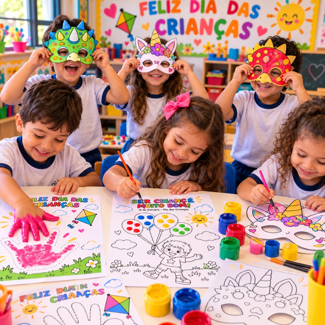 Kit de Atividades Dia das Crianças — Pintura Infantil, Máscaras Malucas e Arte com Guache em PDF — imagem 2