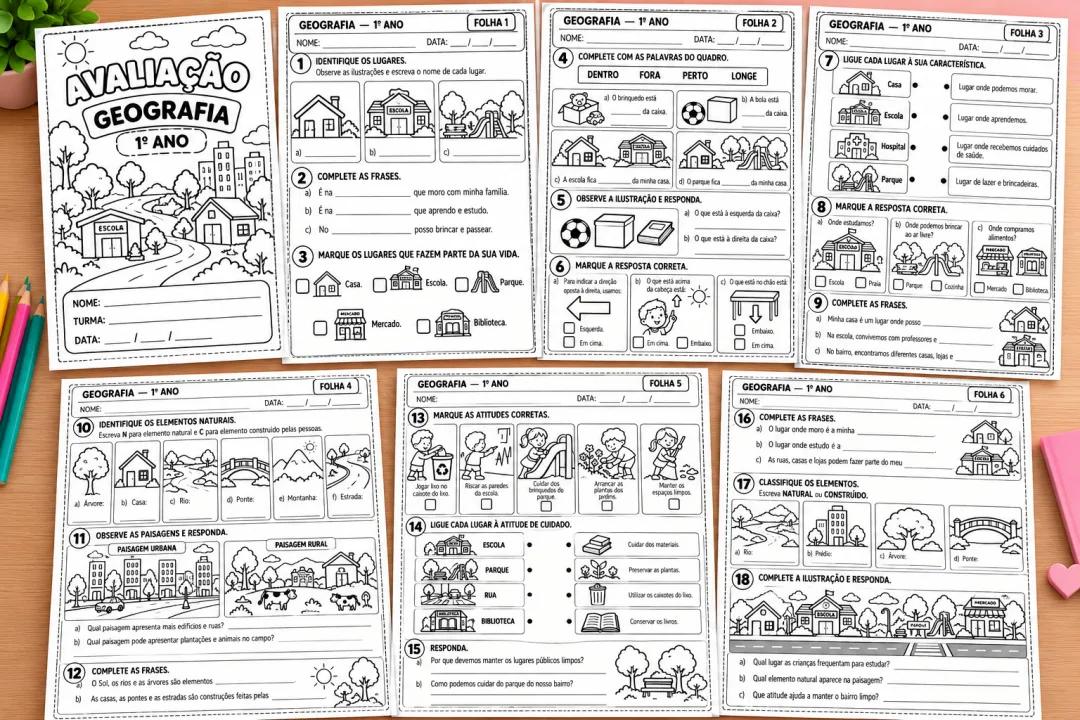 Kit de Avaliações para o 1º Ano do Ensino Fundamental — Português, Matemática, Ciências, História e Geografia em PDF — imagem 4