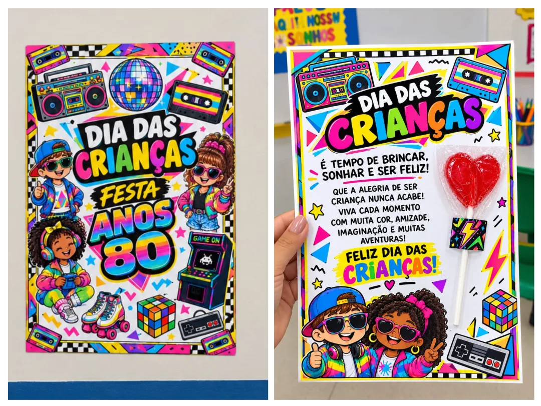 🎉 KIT DIA DAS CRIANÇAS – FESTA ANOS 80! 🕹️📼 💰6,90  Prepare uma comemoração superdivertida e cheia de nostalgia com e — imagem 5