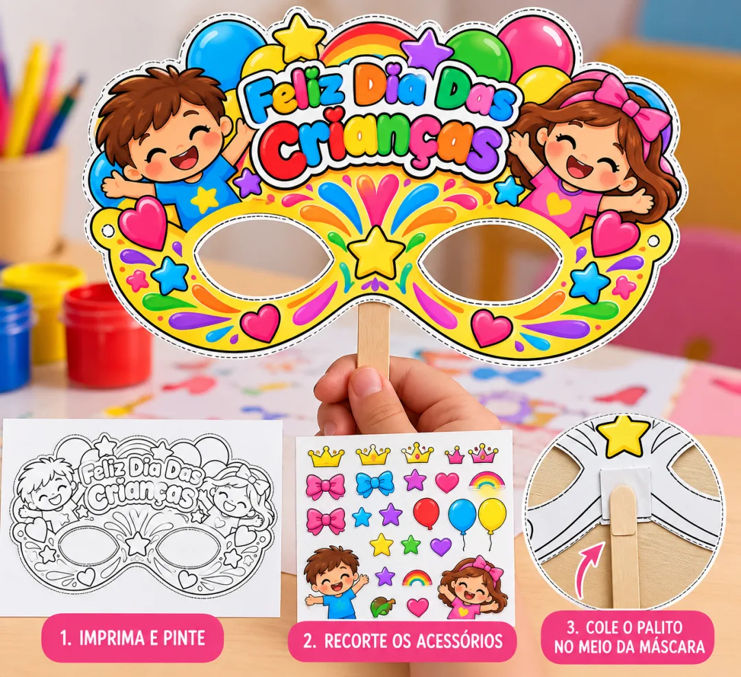 Kit Máscaras Divertidas para o Dia das Crianças Atividade Infantil para Imprimir e Personalizar — imagem 2