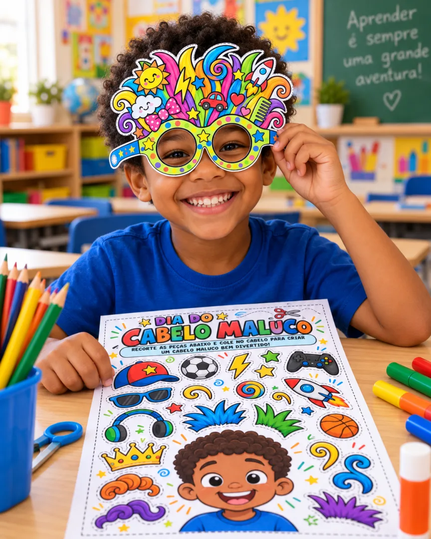 Kit Oficina do Cabelo Maluco – Painel, Óculos, Máscaras e Atividades de Recorte em PDF para a Educação Infantil — imagem 2