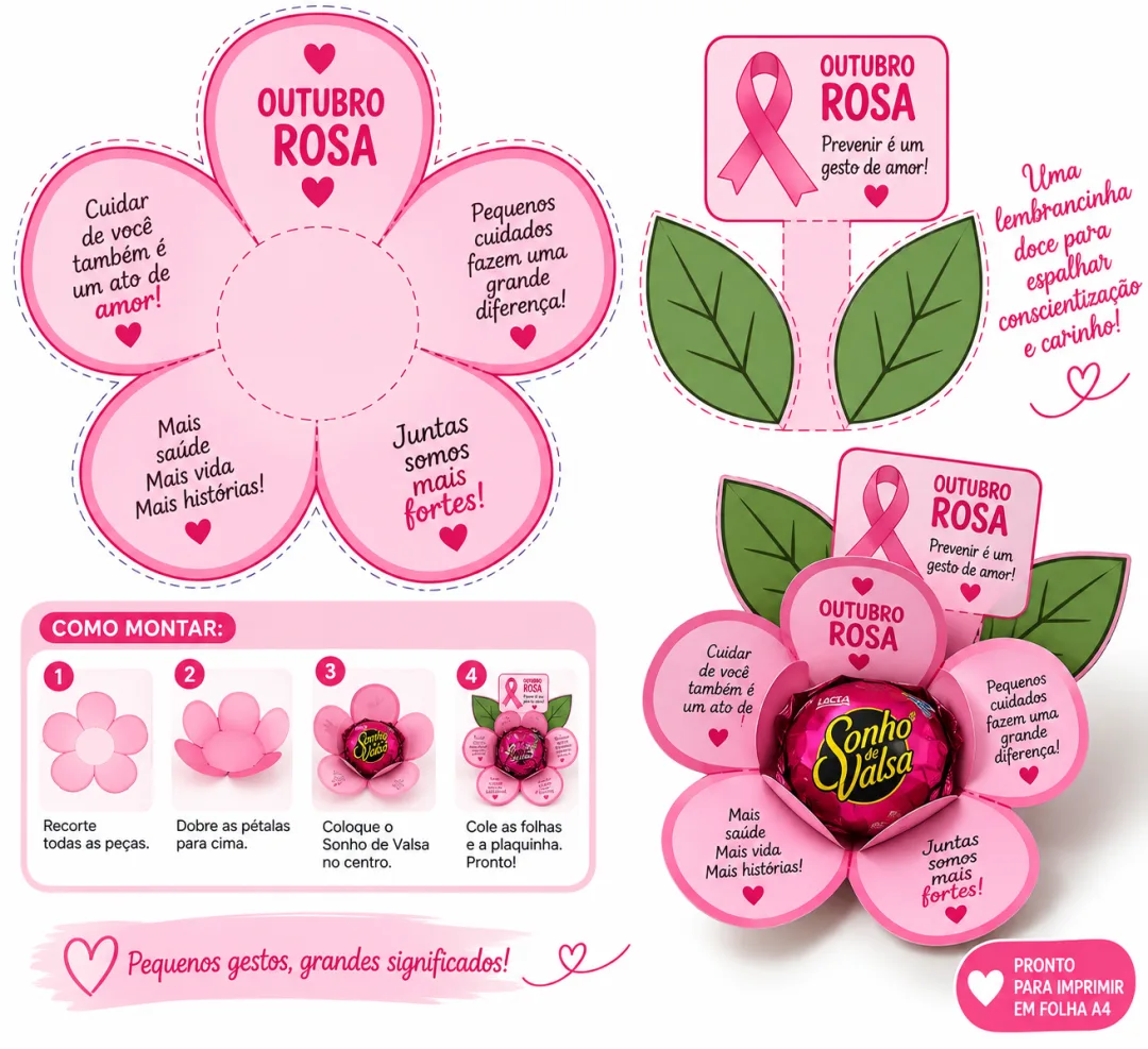 Kit Outubro Rosa – Marcadores de Página + Flor para Bombom Sonho de Valsa PDF para Imprimir — imagem 3