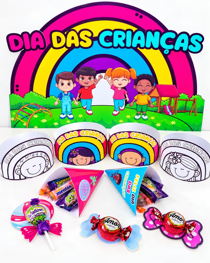 Kit Painel Dia das Crianças Arco-Íris + Coroas e Lembrancinhas em PDF — imagem 5