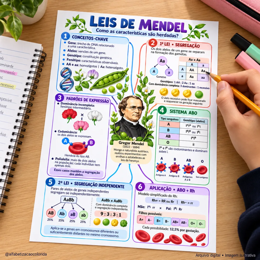 Leis de Mendel: Mapa Mental Ilustrado de Genética em PDF — imagem 4