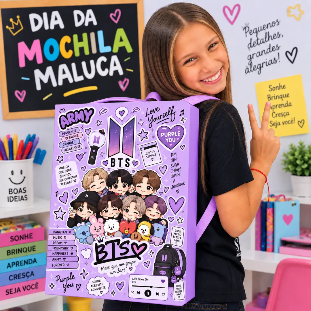 💜🎒 MOCHILA MALUCA KPOPPER – BTS & STRAY KIDS 🎶🫰 — imagem 3