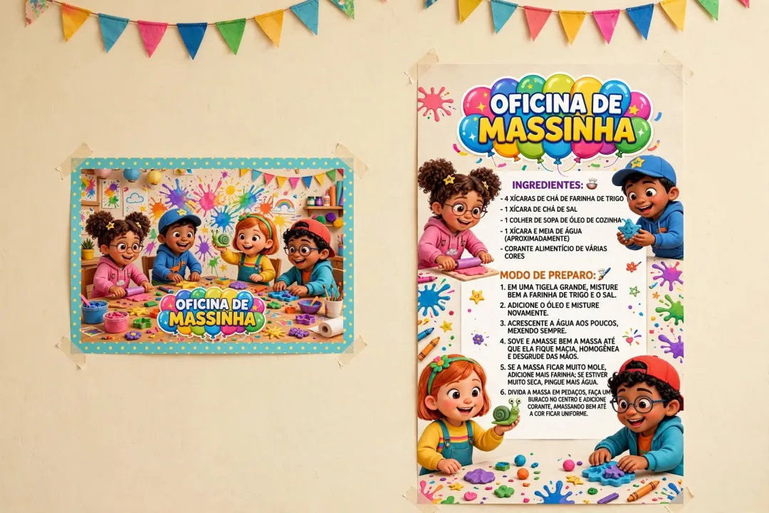 KIT OFICINA DE MASSINHA COMPLETO I DIA DAS CRIANÇAS I ARQUIVO EM PDF I CARTAZES, RECEITA, VISEIRA E ADESIVOS  — imagem 3