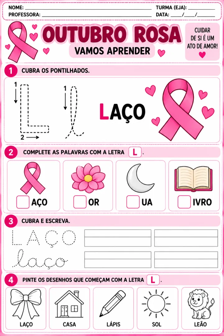 Pacote de Atividades Outubro Rosa - Alfabetização PDF 30 páginas  — imagem 2