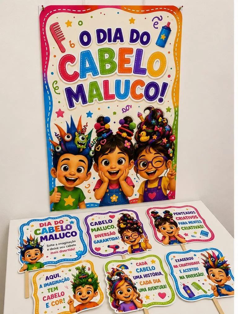  Painel Dia Do Cabelo Maluco + Plaquinhas Para Educação Infantil Ao 5ºAnOo Em PDF! — imagem 3