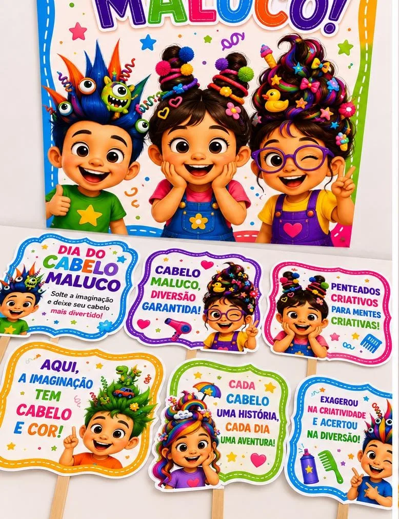  Painel Dia Do Cabelo Maluco + Plaquinhas Para Educação Infantil Ao 5ºAnOo Em PDF! — imagem 4