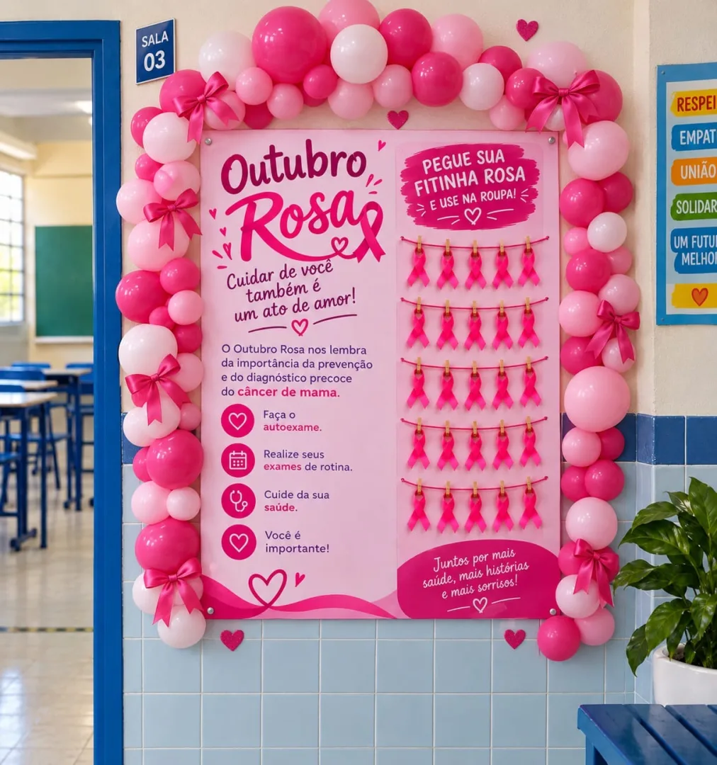 🎀 PAINEL OUTUBRO ROSA INTERATIVO 🎀 💰6,00 As pessoas podem retirar uma fitinha do próprio painel e participar desse mo — imagem 3
