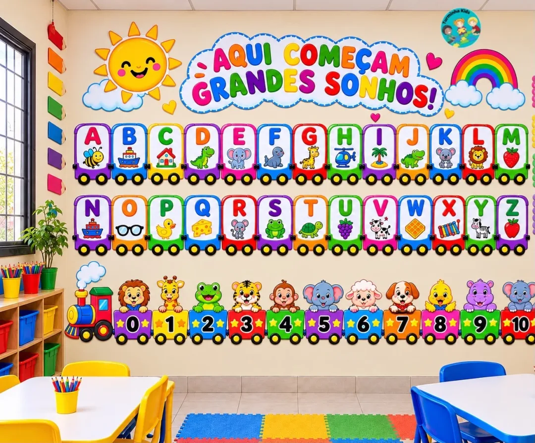 ✨ PAINEL TRENZINHO DO ALFABETO + NUMERAIS ✨🚂  Deixe a sala de aula muito mais colorida, lúdica e encantadora! 💖🌈  🚂  — imagem 2