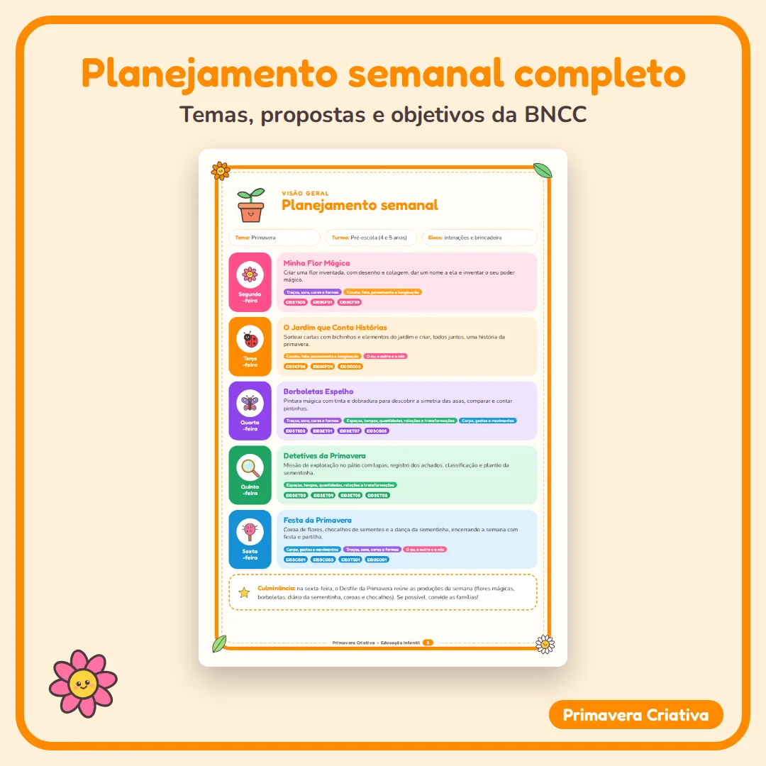Primavera Criativa: Planejamento Semanal + 5 Atividades para Educação Infantil (4 e 5 anos) BNCC em PDF — imagem 2