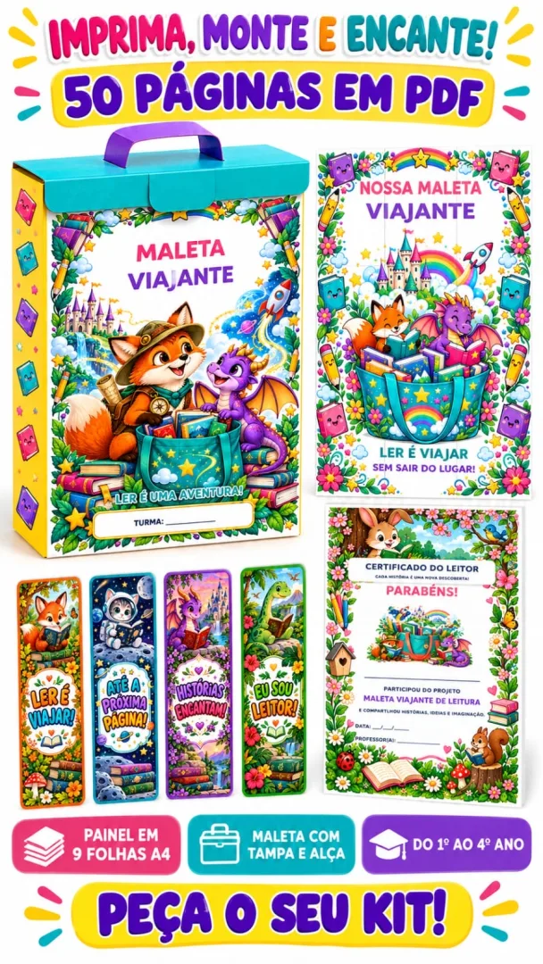 📚✨ TRANSFORME A LEITURA EM UMA VIAGEM CHEIA DE DESCOBERTAS!  O KIT MALETA VIAJANTE DE LEITURA reúne materiais coloridos — imagem 3