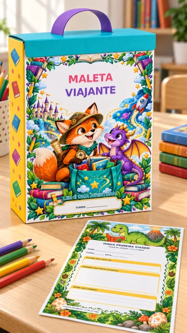 📚✨ TRANSFORME A LEITURA EM UMA VIAGEM CHEIA DE DESCOBERTAS!  O KIT MALETA VIAJANTE DE LEITURA reúne materiais coloridos — imagem 2